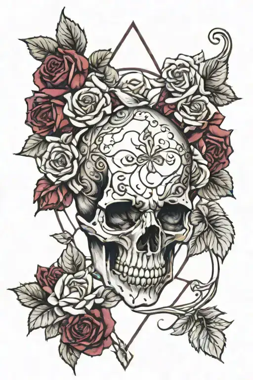 Skull surrounded by anatomical stained glass heart with burgundy roses intertwined tattoo design idea