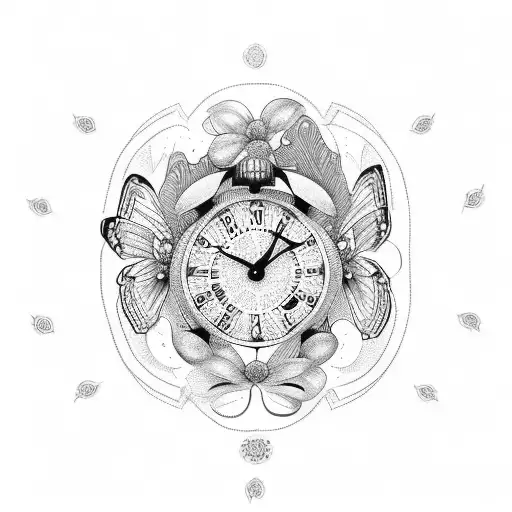 Design a dotwork tattoo with a clock and butterfly intertwined tattoo design idea