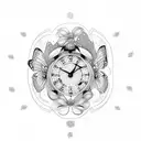 Design a dotwork tattoo with a clock and butterfly intertwined tattoo design idea