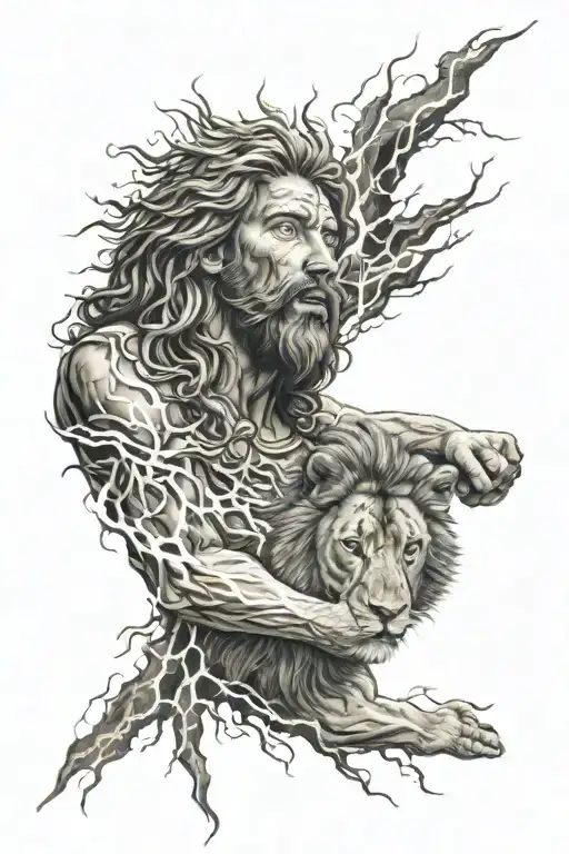 jesus and lion tattoo with lightning bolt tattoo design idea