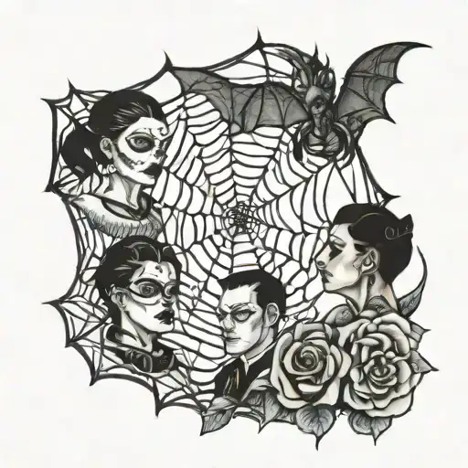 four people in spiderwebs  tattoo design idea