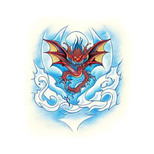 red dragon breathing blue pheonix shaped fire  tattoo design idea
