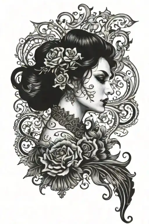 full sleeve very luxurious and beautiful and a little gothic frills. tattoo design idea