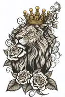 roses, lion, crown and name tattoo design idea