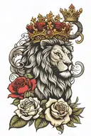 roses, lion, crown and name tattoo design idea