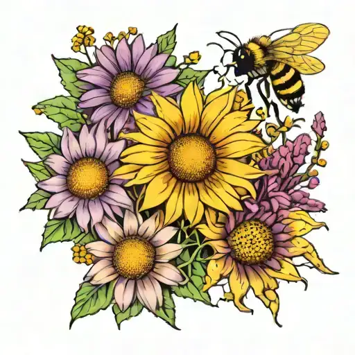 white daisy, yellow sunflower,  purple fireweed flower,  small honeybees tattoo design idea