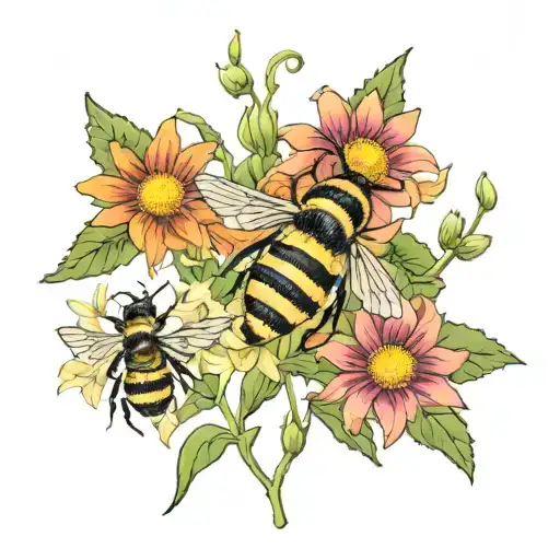daisy, sunflower, fireweed, honeybees tattoo design idea
