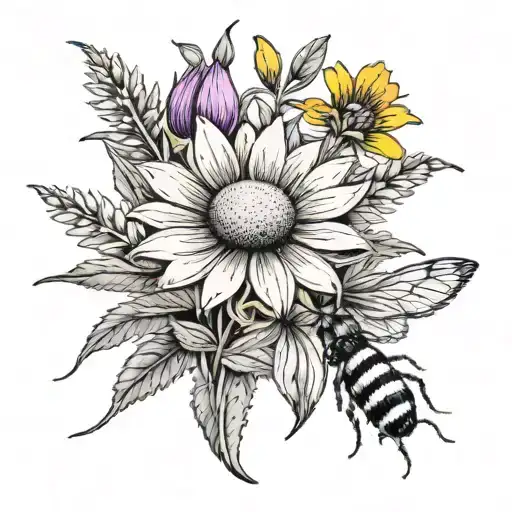 white daisy, yellow sunflower,  purple fireweed flower,  small honeybees tattoo design idea
