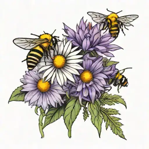white daisy, yellow sunflower,  purple fireweed,  small honeybees tattoo design idea
