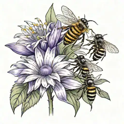 white daisy, yellow sunflower,  purple fireweed flower,  small honeybees tattoo design idea