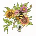 daisy, sunflower, fireweed, honeybees tattoo design idea