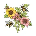 daisy, sunflower, fireweed, honeybees tattoo design idea