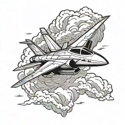 A sleek and futuristic fighter jet soaring through the clouds tattoo design idea