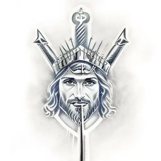 Sword, jesus, crown of thorns, angles tattoo design idea