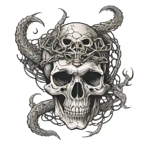 A haunting tattoo design of a skull with eyes that turn into snakes, surrounded by a web of barbed wire and a crescent moon above tattoo design idea