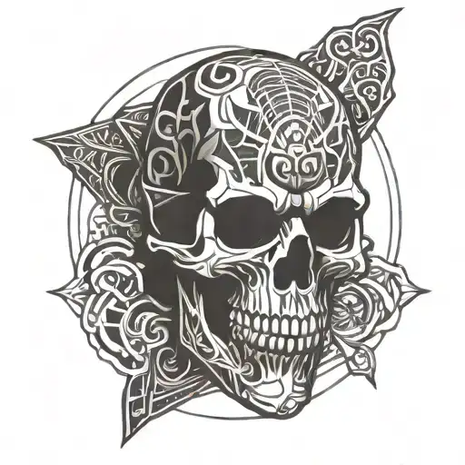 samurai skull waves crashing in the background tattoo design idea
