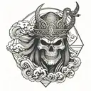 samurai skull waves crashing in the background tattoo design idea