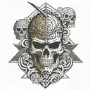 samurai skull waves crashing in the background tattoo design idea