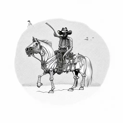 skeleton cowboy on a horse with an AR-15 with mountains in the background tattoo design idea