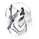 Wolf howling to moon in forest with mountain tattoo design idea