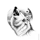 Wolf howling to moon in forest with mountain tattoo design idea