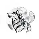 Wolf howling to moon in forest with mountain tattoo design idea