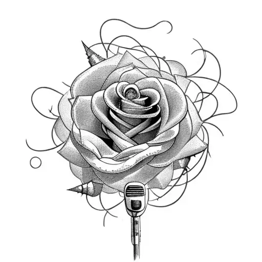 A hauntingly beautiful composition of a rose intertwined with thorny vines, set against a backdrop of a vintage microphone. tattoo design idea