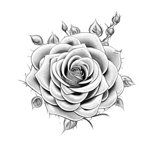 A hauntingly beautiful composition of a rose intertwined with thorny vines, set against a backdrop of a vintage microphone. tattoo design idea