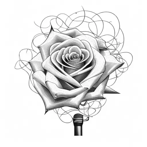 A hauntingly beautiful composition of a rose intertwined with thorny vines, set against a backdrop of a vintage microphone. tattoo design idea