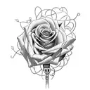 A hauntingly beautiful composition of a rose intertwined with thorny vines, set against a backdrop of a vintage microphone. tattoo design idea