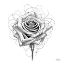 A hauntingly beautiful composition of a rose intertwined with thorny vines, set against a backdrop of a vintage microphone. tattoo design idea