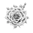 A hauntingly beautiful composition of a rose intertwined with thorny vines, set against a backdrop of a vintage microphone. tattoo design idea
