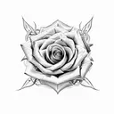 A hauntingly beautiful composition of a rose intertwined with thorny vines, set against a backdrop of a vintage microphone. tattoo design idea