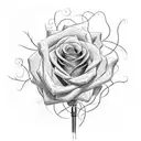 A hauntingly beautiful composition of a rose intertwined with thorny vines, set against a backdrop of a vintage microphone. tattoo design idea