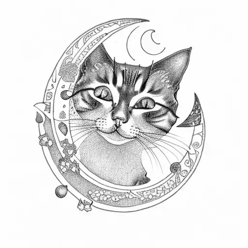 tattoo of a cat sitting on a crescent moon surrounded by wildflowers and herbs  tattoo design idea