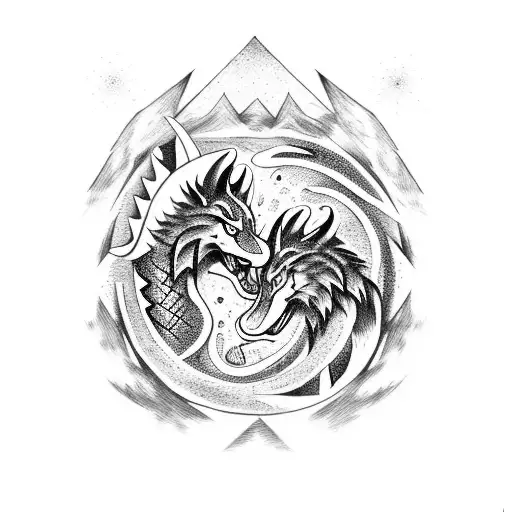 A wolf and dragon engaged in a fierce chess battle under a starry sky tattoo design idea