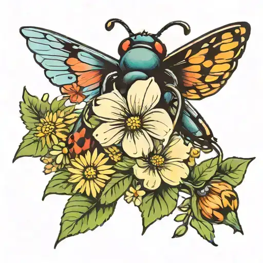 Flying junebug beside daisy and sweat pea flower next to larkspur flower tattoo design idea