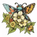Flying junebug beside daisy and sweat pea flower next to larkspur flower tattoo design idea