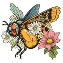 Flying junebug beside daisy and sweat pea flower next to larkspur flower tattoo design idea