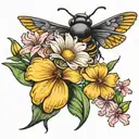 Flying junebug beside daisy and sweat pea flower next to larkspur flower tattoo design idea
