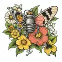 Flying junebug beside daisy and sweat pea flower next to larkspur flower tattoo design idea