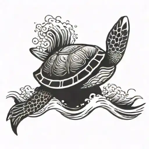 A sketch-style tattoo of a tribal sea turtle riding a wave tattoo design idea