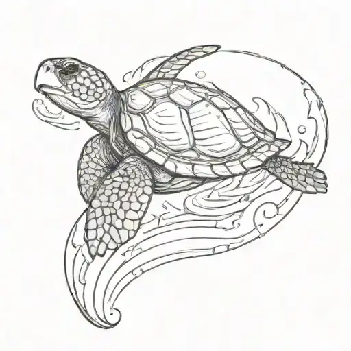A sketch-style tattoo of a tribal sea turtle riding a wave tattoo design idea