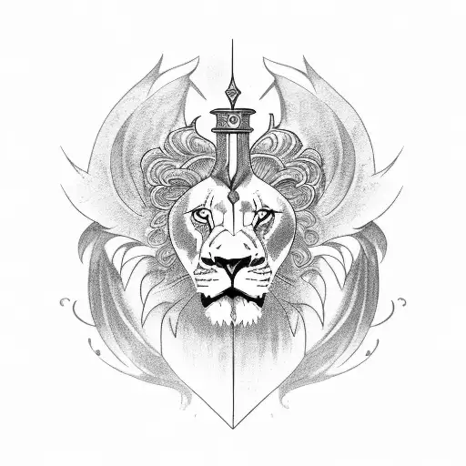 long sword on the back with lion half face on the left side and wings on both sides tattoo design idea