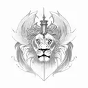 long sword on the back with lion half face on the left side and wings on both sides tattoo design idea