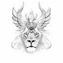 long sword on the back with lion half face on the left side and wings on both sides tattoo design idea
