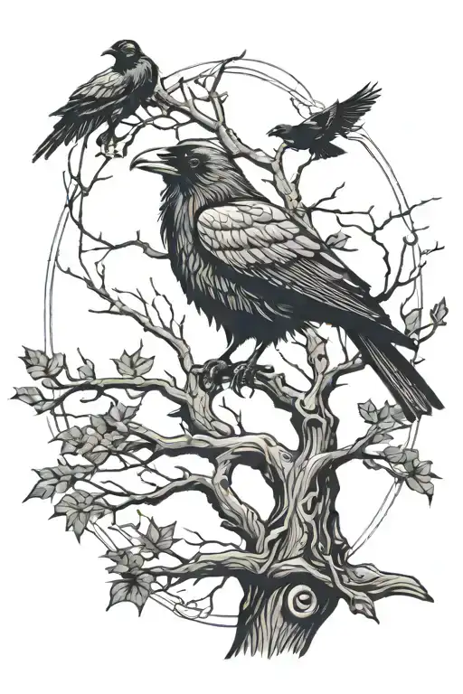 Odin's tree with a raven and runes, a raven sitting on a branch, runes above the tree  tattoo design idea