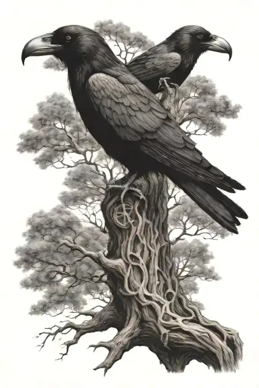 Odin's tree with a raven and runes, a raven sitting on a branch, runes above the tree  tattoo design idea