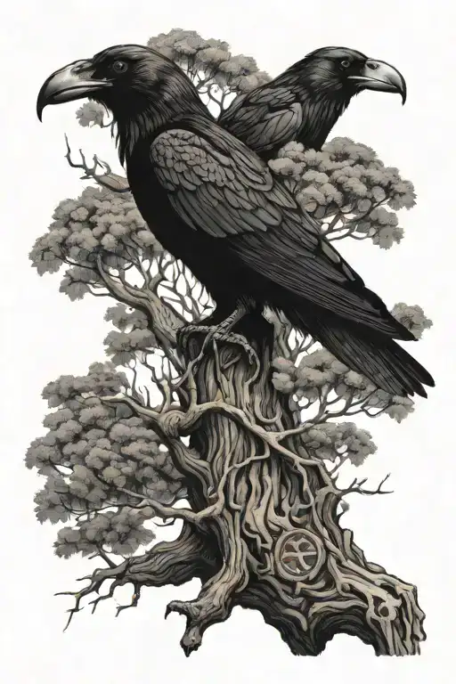 Odin's tree with a raven and runes, a raven sitting on a branch, runes above the tree  tattoo design idea