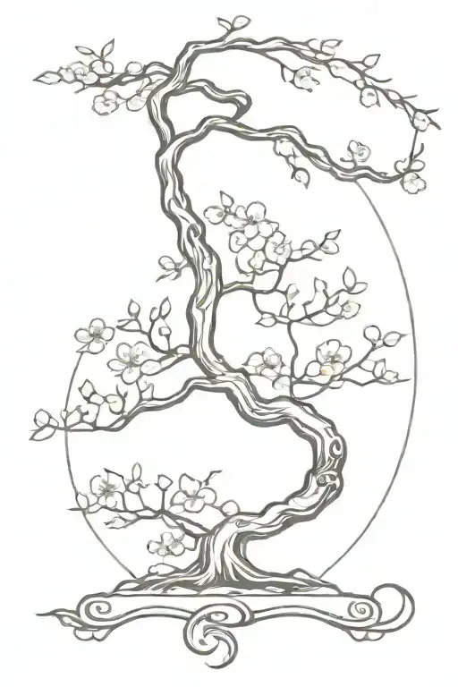 small mini pine, bonsai, or cherry blossom tree with hanging vine of names Serenity Skye written vertically tattoo design idea